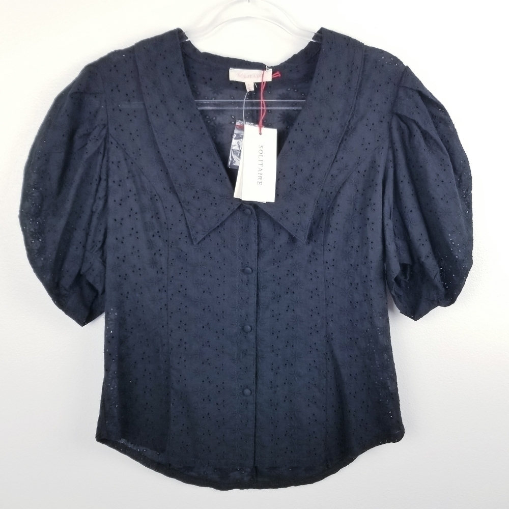Solitaire Black Puff Sleeve Eyelet Cottagecore Blouse NWT